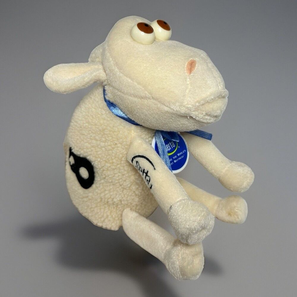 Vintage #8 Serta Counting Sheep Plush Toy Advertising Mascot Blue Ribbon EUC